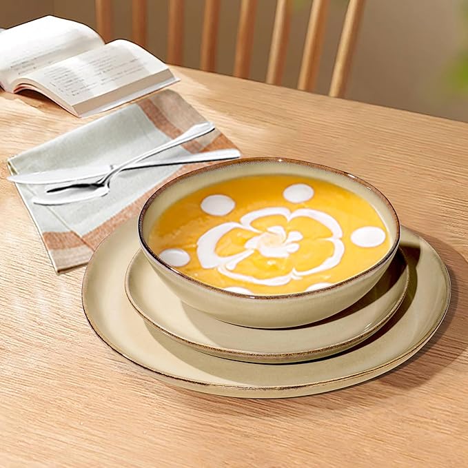 Herogo Dinnerware Sets for 8, 24pcs Stoneware Dinner Dish Set, Irregular Handmade Plates and Bowls Dishware, Crack and Scratch Resistant, Microwave & Dishwasher Safe, Cream Khaki