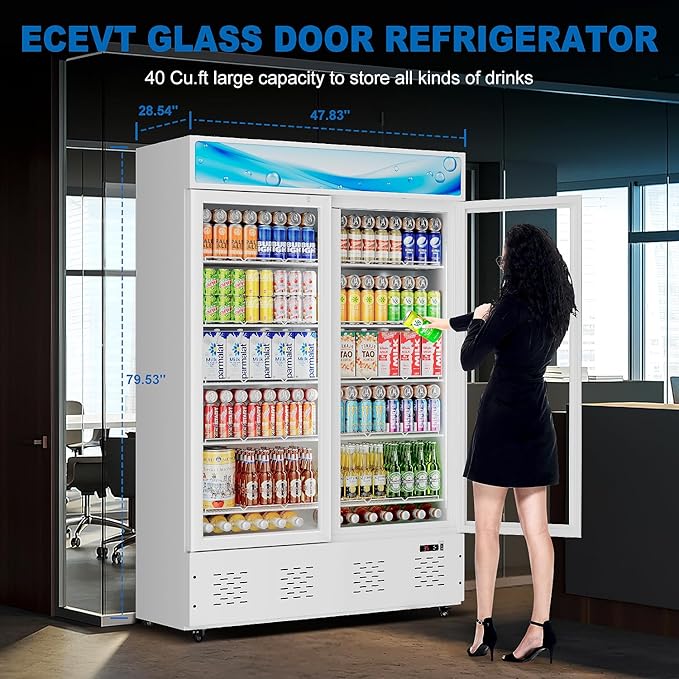 40 Cu.ft Commercial Beverage Refrigerators Glass Door Refrigerator Commercial Cooler with LED Light and 10 Shelves, Display Refrigerator for Restaurant Store Cafe Bar, White