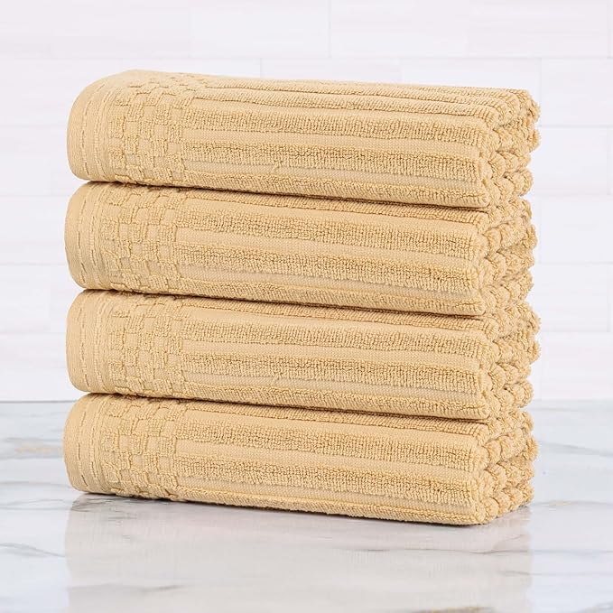 Superior Cotton Hand Towel Set of 4, Daily Use for Bathroom, Kitchen, Guest Bath, Quick Dry Small Towels, Face, Hand, Gym, Spa, Hotel, Absorbent, Essentials, Ribbed, Soho Collection, Gold
