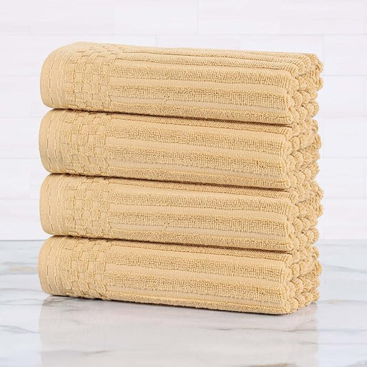 Superior Cotton Hand Towel Set of 4, Daily Use for Bathroom, Kitchen, Guest Bath, Quick Dry Small Towels, Face, Hand, Gym, Spa, Hotel, Absorbent, Essentials, Ribbed, Soho Collection, Gold