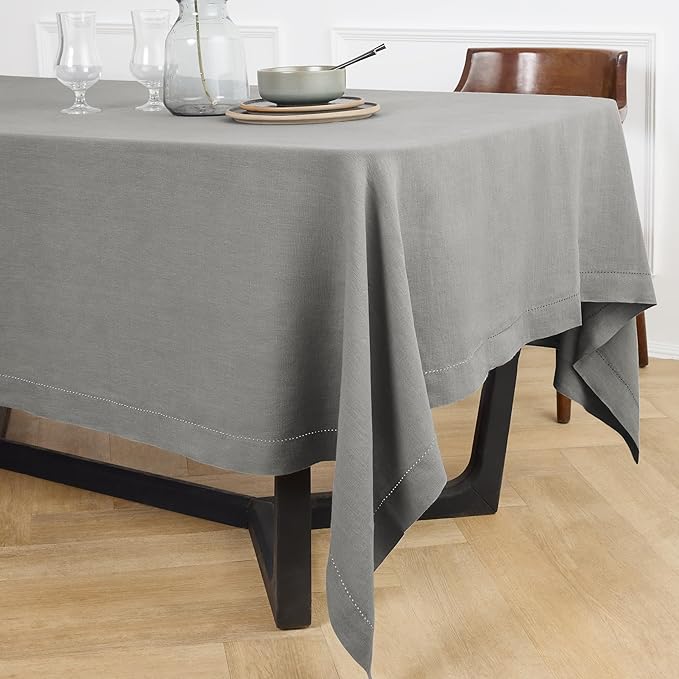 Solino Home Linen Grey Tablecloth 70 x 70 Inch - Sonoma Hemstitch, 100% Pure Linen Square Tablecloth - Machine Washable Table Cloth