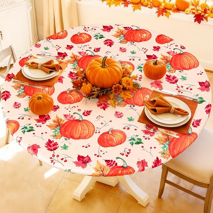 Round Spandex Thanksgiving Tablecloth, Elastic Fitted Waterproof Tablecloths for 36"-44" Tables, Stretch Washable Picnic Table Cover for Autumn Harvest Parties, Pumpkin Leaf