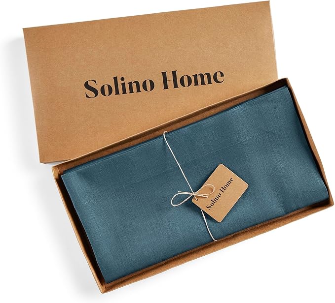 Solino Home Linen Square Tablecloth 52 x 52 Inch - 100% Pure Linen Peacock Blue Table Throw - Fete, Machine Washable Table Cloth for Winter