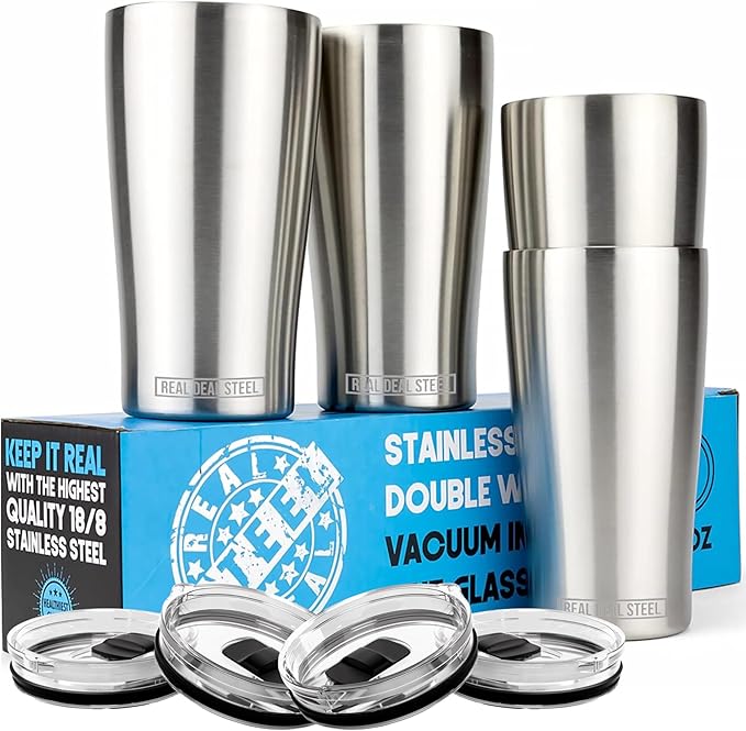 Stainless Steel Vacuum Insulated Pint Glasses - Set of 4 Pint Cups for Outdoors 16oz with Lids