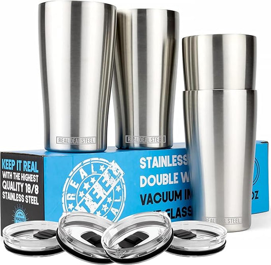 Stainless Steel Vacuum Insulated Pint Glasses - Set of 4 Pint Cups for Outdoors 16oz with Lids