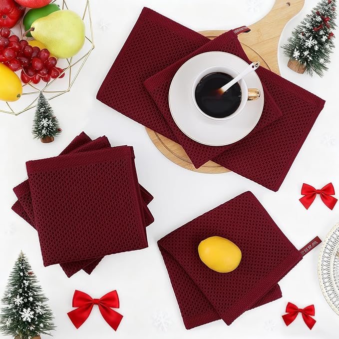 Homaxy 100% Cotton Waffle Weave Kitchen Dish Cloths, Ultra Soft Absorbent Quick Drying Dish Towels, 12 x 12 Inches, 12-Pack, Burgundy