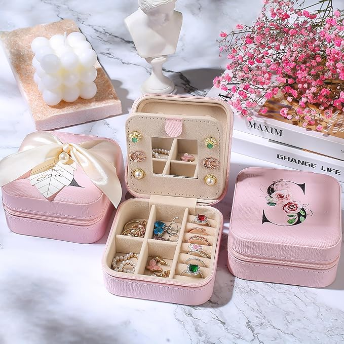 AYGXU Initial glass cups with lids and straws,personalized gifts for women,iced coffee cups,travel jewelry case organizer,small jewelry travel case,jewelry box for girls.Initial S pink