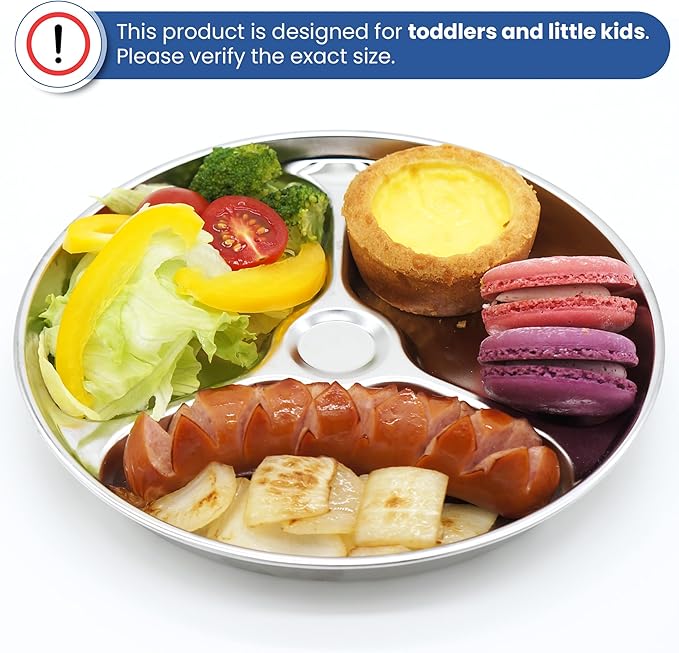 Korean Stainless Steel Divided Round Plates, Little Kids Toddlers Babies Tray, BPA Free, Diet Control, Camping Dishes, 8 Inch Compact Serving Platter, 3 Compartment Plate, Set of 2