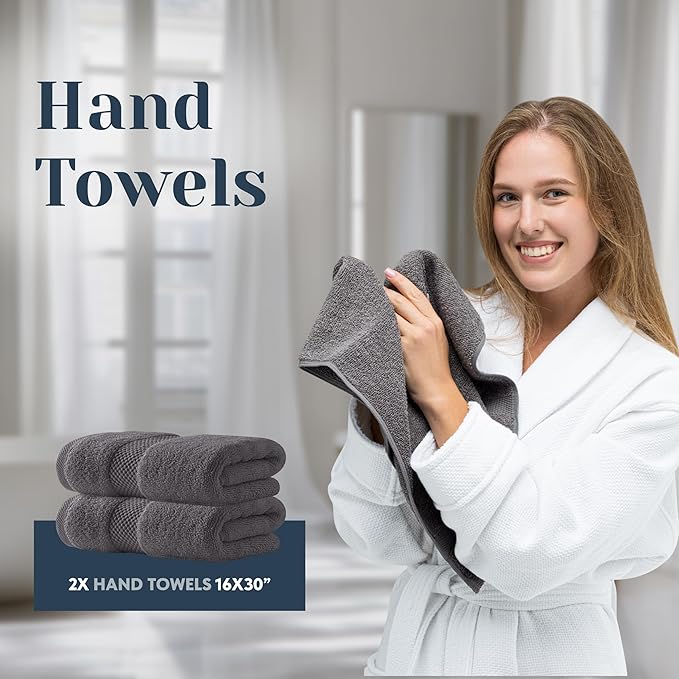 White Classic Luxury Bath Towel Set of 8 Pieces - 100% Turkish Cotton Highly Absorbent Towels for Bathroom, 2 Luxury Bath Towels 700GSM, 2 Hand Towels, 4 Washcloths, Dark Gray