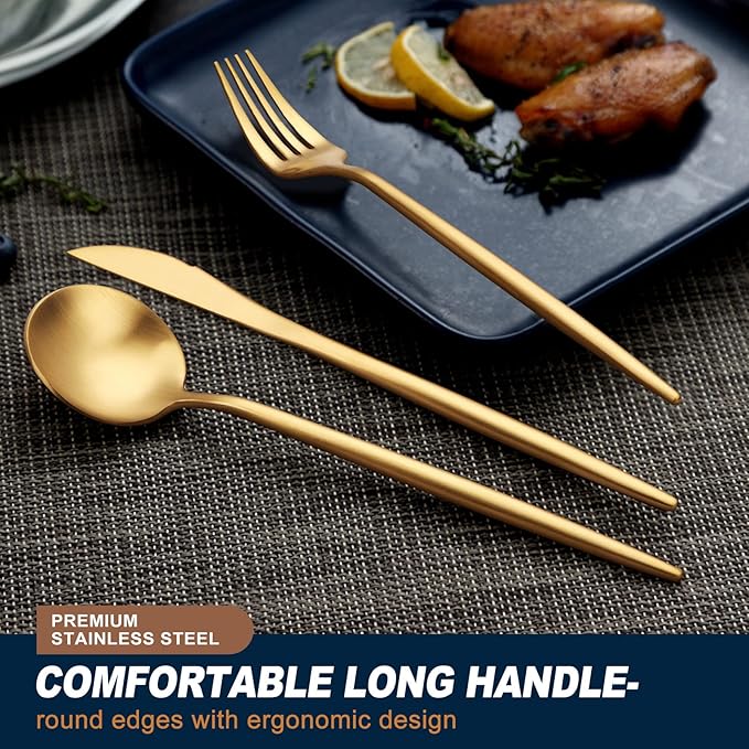 EUIRIO 48-Piece Matte Gold Silverware Set with Steak Knives, Gold Flatware Set for 8, Stainless Steel Forks and Spoons Silverware Sets, Gold Cutlery Utensils Set, Satin Finish & Dishwasher Safe