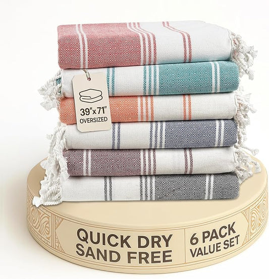 LANE LINEN 6-Pack Oversized Pre-Washed Beach Towels, Stylish Quick-Dry Pool & Travel Towels for Adults, 39"x71" - Diamond Multi Colors