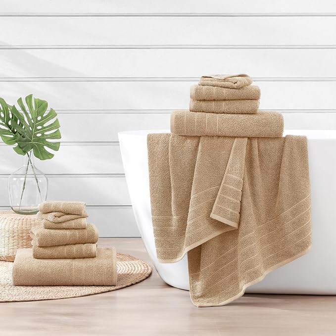 Casa Platino 100% Mercerized Cotton Bathroom Towel Set - 12 Pcs - Ring Spun, Super Soft & Highly Absorbent - 4 Large Bath Towels, 4 Washcloths, 4 Hand Towels - Wide Variety of Colours - Beige