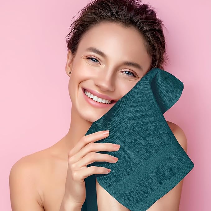 GLAMBURG Ultra Soft 12-Piece Washcloths Set 13x13-100% Ringspun Cotton - Durable & Highly Absorbent Face Towels - Ideal for use in Bathroom, Kitchen, Gym, Spa & General Cleaning - Teal