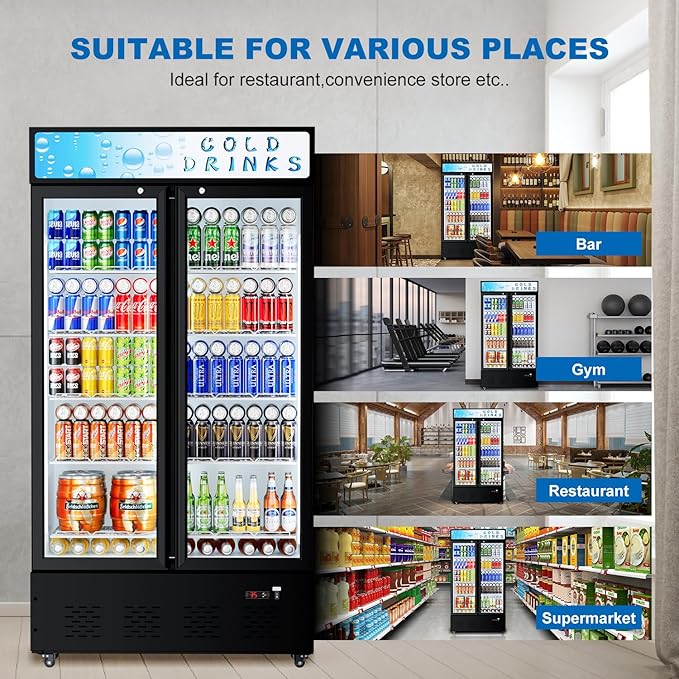 Commercial Glass Door Display Refrigerator 30 cu.ft Cooler Commercial Beverage Refrigerators with LED Light and 10 Shelves for Cafe, Restaurant, Store, Bar