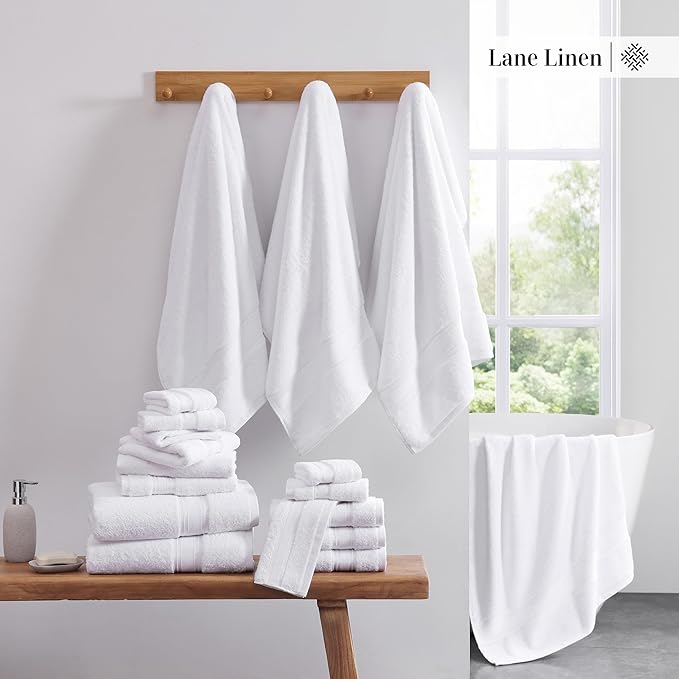 LANE LINEN Luxury Bath Towels Set - 3 Piece 100% Cotton Bathroom Towels, Quick Dry, Extra Aborbent, Super Soft Towels Set 1 Hand Towel, 1 Wash Cloths, 1 Bath Towel, White
