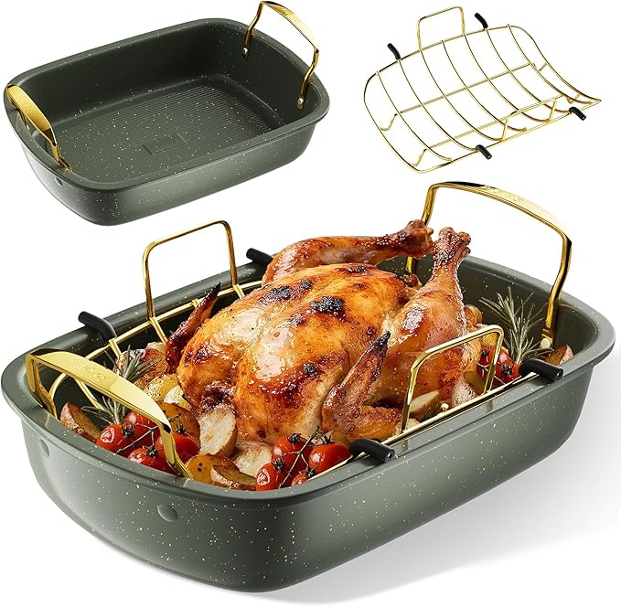 Nonstick Roasting Pan, 17 Inch x 13 Inch Large Roaster Pan with Removable Rack, Roaster for Roasting Turkey, Meat & Vegetables (Green）