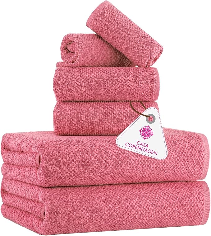 CASA COPENHAGEN Popcorn Textured 6 Pieces Towel Set- Pink, 550 GSM 2 Bath Towel 2 Hand Towel 2 Washcloth, Rough & Tough Use Cotton Towels Gift Set for Bathroom