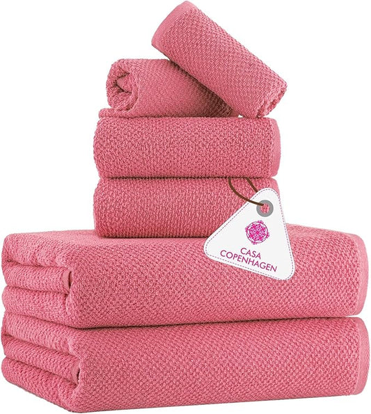 CASA COPENHAGEN Popcorn Textured 6 Pieces Towel Set- Pink, 550 GSM 2 Bath Towel 2 Hand Towel 2 Washcloth, Rough & Tough Use Cotton Towels Gift Set for Bathroom