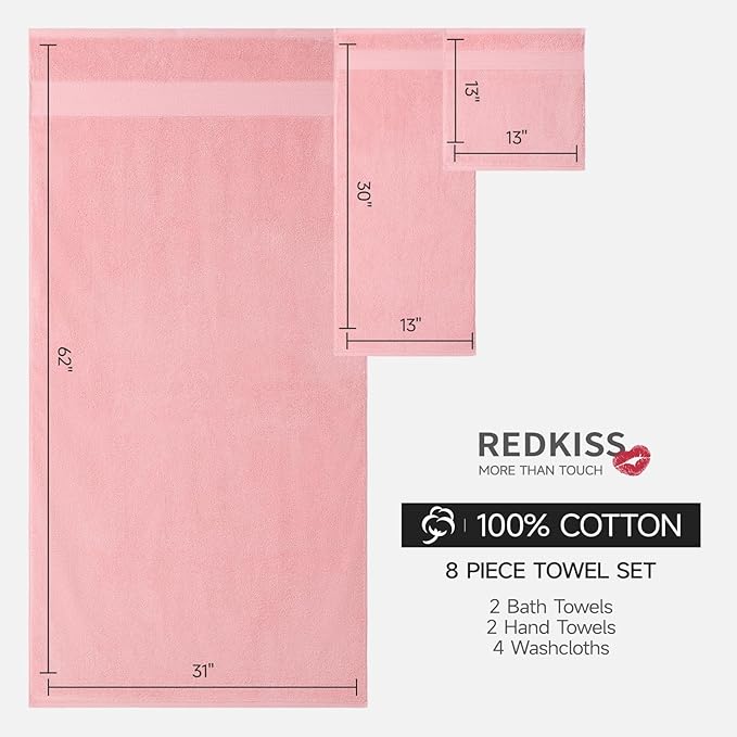 REDKISS Pink Towel Set of 8-100% Cotton Luxury Bath Towels Set for Bathroom, 600 GSM Highly Absorbent Bathroom Towel with 2 Large Bath Sheet, 2 Hand, 4 Washcloths, Pink Shower Towels for Dorm