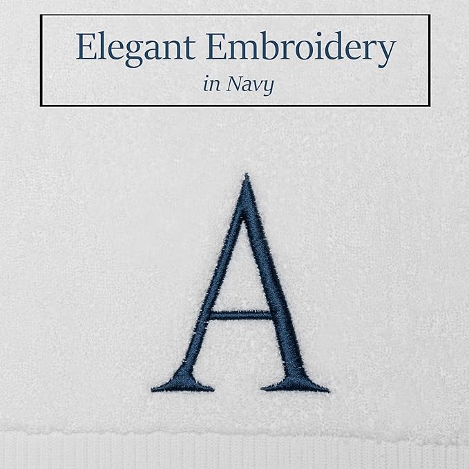 Monogrammed Hand Towels for Bathroom - Luxury Hotel Quality Personalized Initial Decorative Embroidered Bath Towel for Powder Room, Spa - GOTS Organic Certified - Set of 2 Navy Letter A