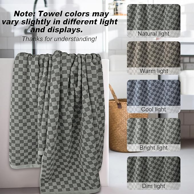 Jacquotha Pack of 2 Cotton Bath Towels (Grey Checkered), Ultral Soft Shower Towels Bathroom Essentials Large Size 54” x 28”, Luxury Medium Thickness Comfort