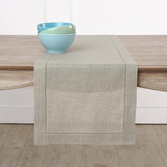 Solino Home Linen Natural Table Runner 36 Inches - Classic Hemstitch, 100% Pure Linen Coffee Table Runner 14 x 36 Inch Ideal for Dresser Tables - Holiday, New Year
