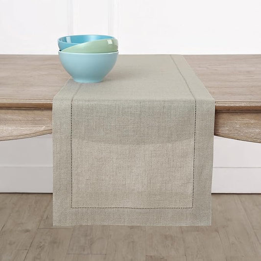 Solino Home Linen Natural Table Runner 120 Inches Long - 100% Pure Linen Hemstitch 14 x 120 Inch Table Runner for Dining, New Year - Classic Hemstitch