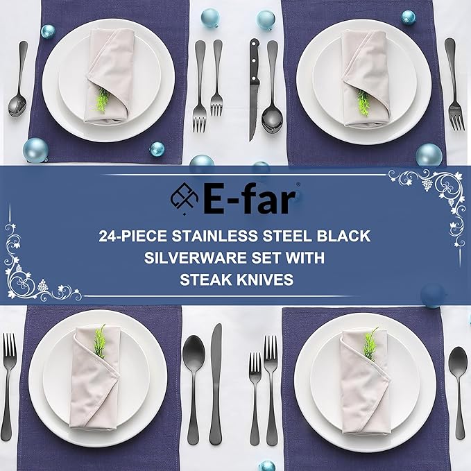 E-far 24-Piece Black Silverware Set with Steak Knives, Stainless Steel Flatware Cutlery Set for 4, Modern Metal Eating Utensils Sets Include Forks and Spoons Knife, Mirror Polished & Rust Proof