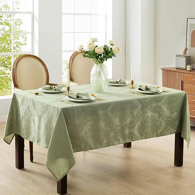 Newbridge Christmas Barcelona Damask Fabric Tablecloth, 52 x 52 Inch Square, Sage Green – No Iron, Soil Resistant Table Cover for Dining, Parties and Holidays