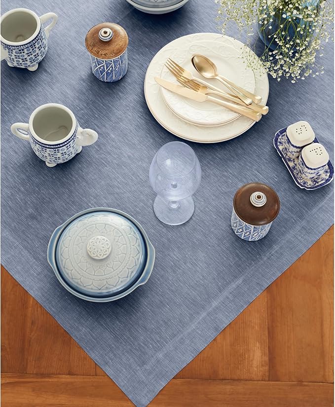 Solino Home Linen Cloth Tablecloth 52 x 52 Inch - 100% Pure Linen Chambray Indigo Square Tablecloth - Athena, Machine Washable Table Throw for Christmas, New Year
