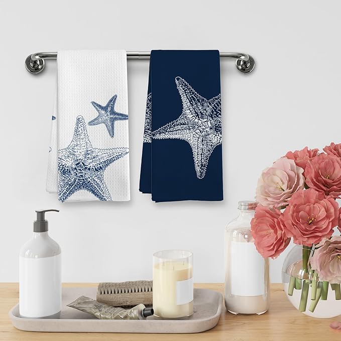 Coastal Starfish Beach Decor Dish Hand Tea Towels for Bathroom Kitchen, Blue Starfish Ocean Nautical Beachy Bathroom Decor, Coastal Nautical Kitchen Towels and Dishcloths Sets of 2, 16x24Inch