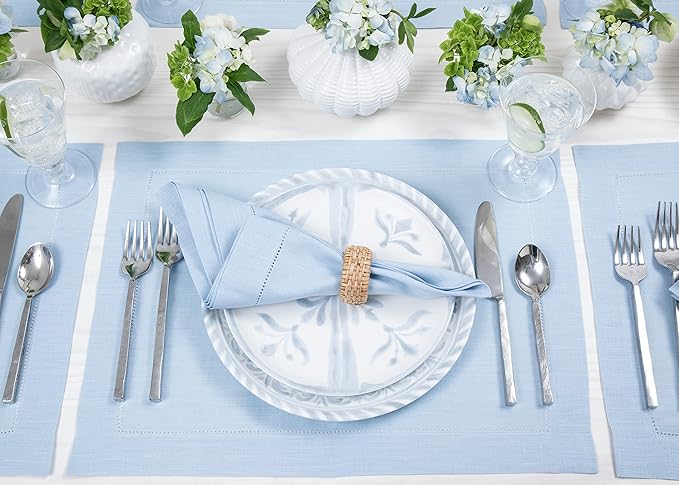 Solino Home Linen Placemats Set of 4 - Classic Hemstitch Sky Blue Placemats 14 x 19 Inch - 100% Pure Linen Table Mats for Holiday, New Year