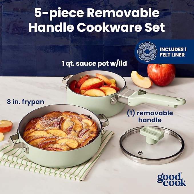 GoodCook Ceramic Cookware Set 5-Piece with Removable Handle, Induction Compatible, Nonstick and Oven Safe with 8-Inch Frypan, Sage Green
