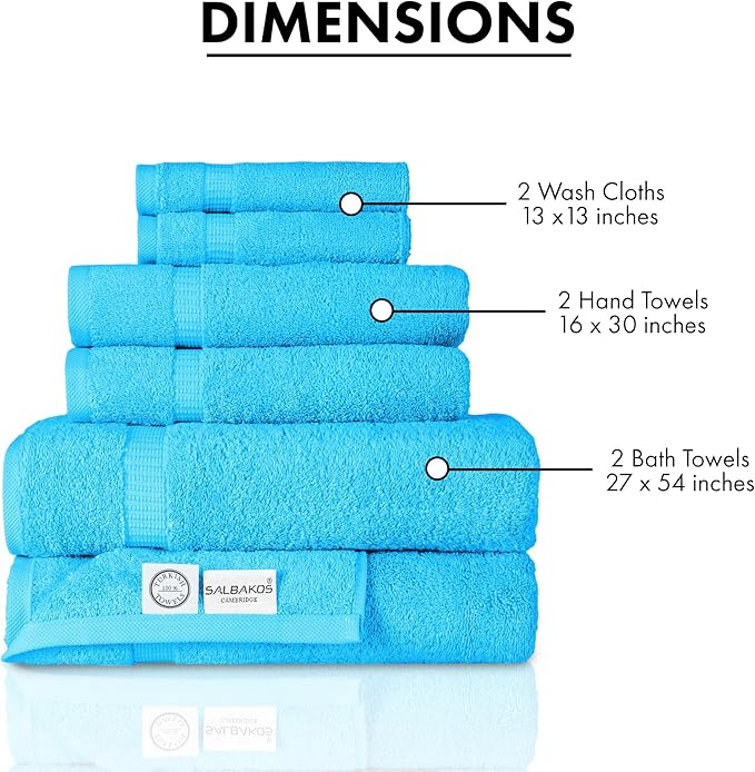 SALBAKOS 100% Turkish Cotton 6-Piece Towel Set | Heirloom Quality Hotel & Spa Collection | Soft, Super Absorbent 2 Washcloth, 2 Hand, 2 Bath Towel Sets | Made in Turkey (Aqua, 6 Piece Towel Set)