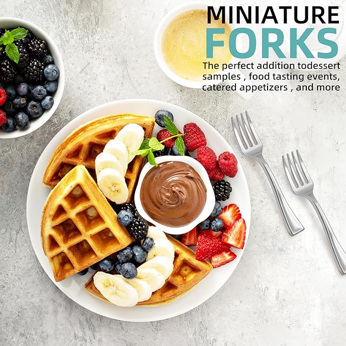 100 PCS Silver Mini Forks Heavy Duty, 4 inch Silver Plastic Fork, Mini Forks for Appetizers, Dessert Fork Disposable, BPA Free, Food Safe, Suitable for All Occasions