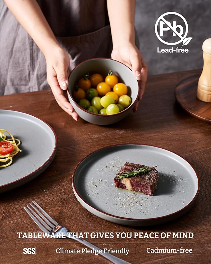 Famiware Mercury 24 Pieces Dinnerware Sets, Plates and Bowls Sets for 8, Microwave and Dishwasher Safe Dish Set, Dark Grey