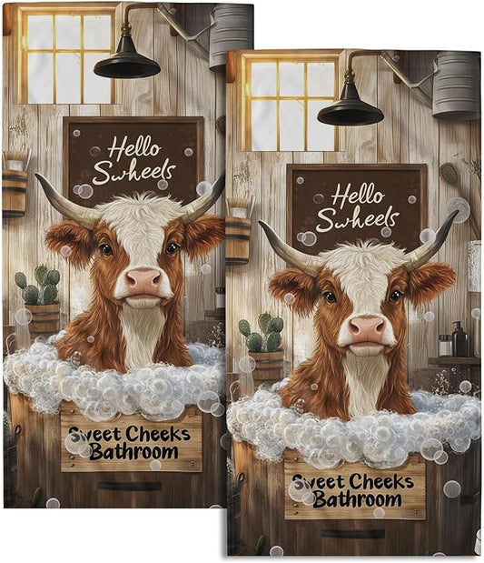 Imiss Cow Themed Funny Bathroom Towels - 14.4 x 28.3 Inch Farmhouse Country Decorative Cute Western Animal Kitchen Fingertip Towel for Hotel Gym Spa Decor, Set of 2