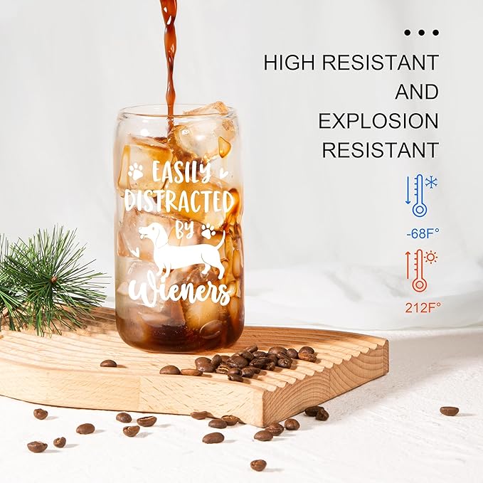 SteadStyle Christmas Dachshund Gifts for Women, Dog Lovers - Glass Drink Cup with Bamboo Lid & Straw (16oz), Birthday Mothers Day Gift For Dackel Owners & Puppy Lovers, Weiner Dog Gifts for Women Mom