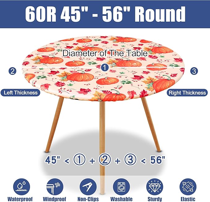Round Spandex Thanksgiving Tablecloth, Elastic Fitted Waterproof Tablecloths for 45"-56" Tables, Stretch Washable Picnic Table Cover for Autumn Harvest Parties, Pumpkin Leaf