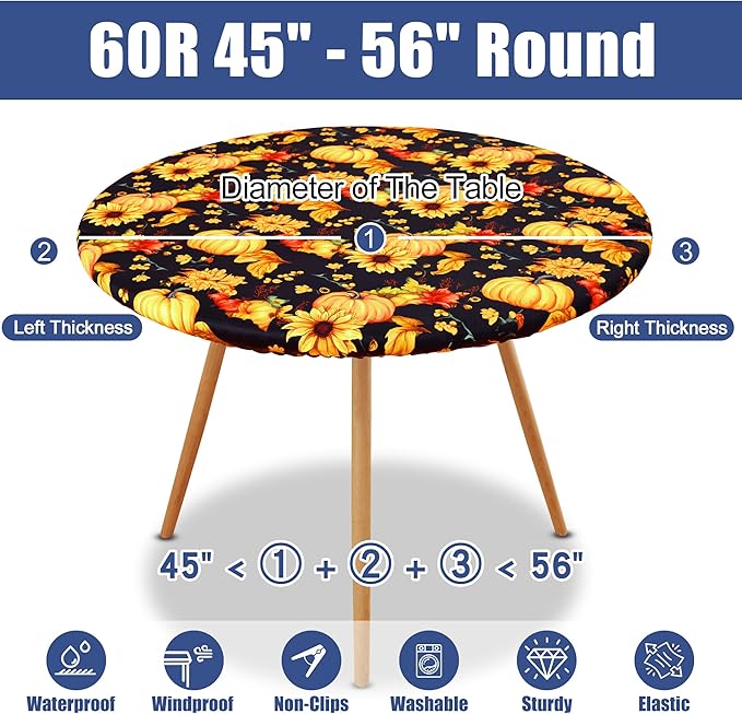 Round Spandex Thanksgiving Tablecloth, Elastic Fitted Waterproof Tablecloths for 45"-56" Tables, Stretch Washable Picnic Table Cover for Autumn Harvest Parties, Pumpkin Sunflower
