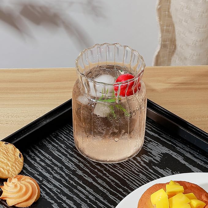 Koythin 2-Piece Ribbed Glass Cups, Vintage Drinking Glassware for Iced Coffee Juice Cocktails Milk Tea Beer, 14 oz/420 ml Cute Bubble Cup with Rounded (Bottle Chubby)