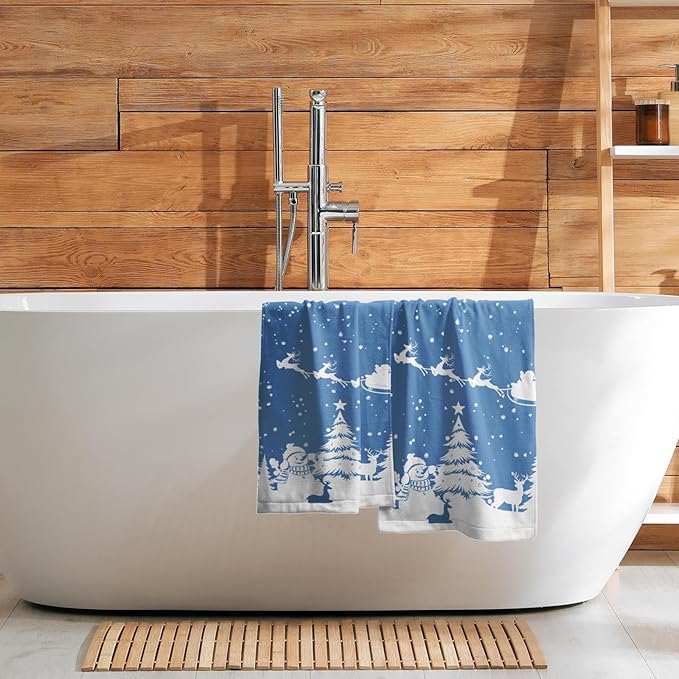 Imiss Snowman Xmas Tree Hand Towels Set of 2 - Christmas Elk Reindeer Bathroom Guest Towel 14.4 x 28.3 Inch Blue Decorative Snowflakes Washcloth for Winter Holiday Kitchen Gift