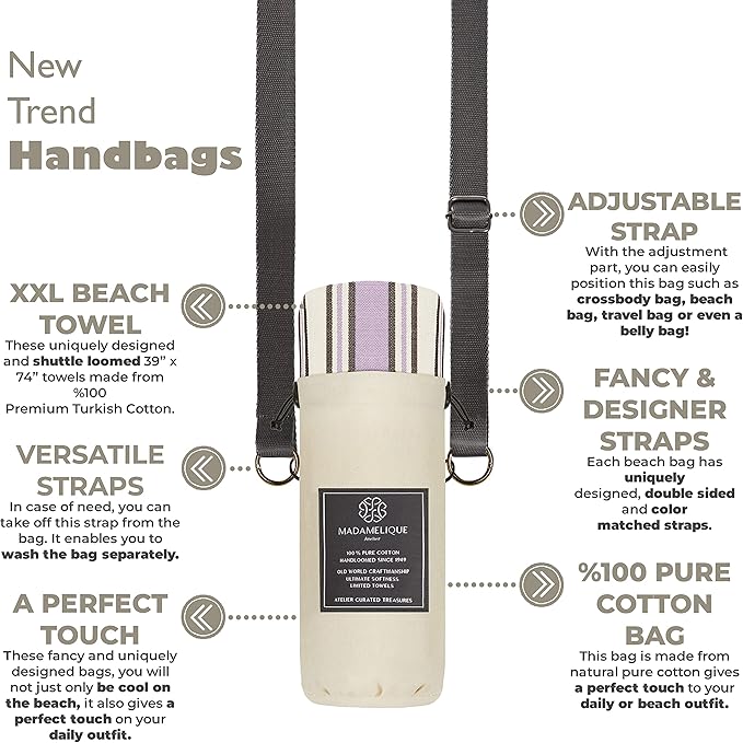 Madamelique Lavender Beach Towel with Beach Bag - 39 x 74 - Prewashed Cotton - Quick Dry - Sand Free - Hand Loomed Turkish Bath Towels