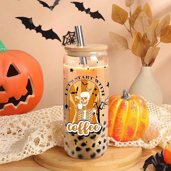 Joeyan Halloween Glass Cups with Lids and Straws,20 oz Iced Coffee Tumbler with Skull and Black Star Patterns,Funny Can Shaped Beer Drinking Glasses,Holiday Gifts for Women Mom Friend Teen