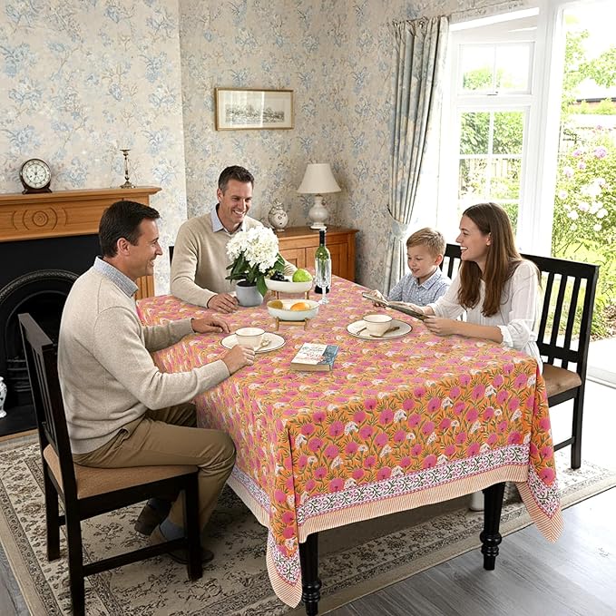 Ridhi -Bubblegum Pink Cotton Tablecloth, Handblock Print Floral Table Cloth for Kitchen Dining Linen I Thanksgiving, Christmas, Wedding, Fall Décor 4 Seater 60x60 Inches Square