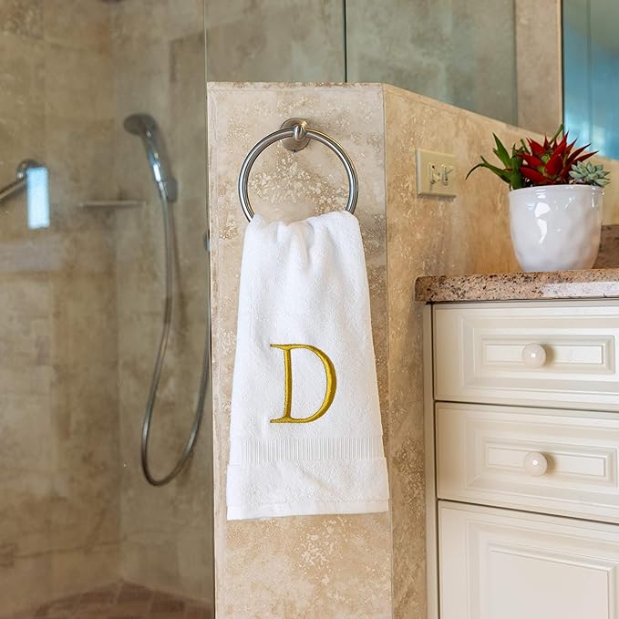 Monogrammed Hand Towels for Bathroom - Luxury Hotel Quality Personalized Initial Decorative Embroidered Bath Towel for Powder Room, Spa - GOTS Organic Certified - Set of 2 Gold Letter D