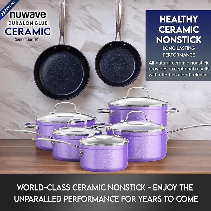 Nuwave Healthy Duralon Blue Ceramic Nonstick Cookware Set, Diamond Infused Scratch-Resistant, PFAS Free, Dishwasher & Oven Safe, Induction Ready & Evenly Heats, Tempered Glass Lids & Stay-Cool Handles