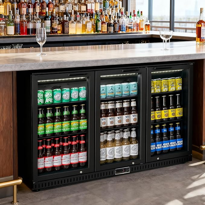 Commercial Back Bar Cooler with 3 Glass Doors, 11.5 cu.ft Under Counter Beverage Refrigerator, LED Lighting - ETL Certified Beer and Wine Cooler for Bar, Restaurant, Garage, Office, Home