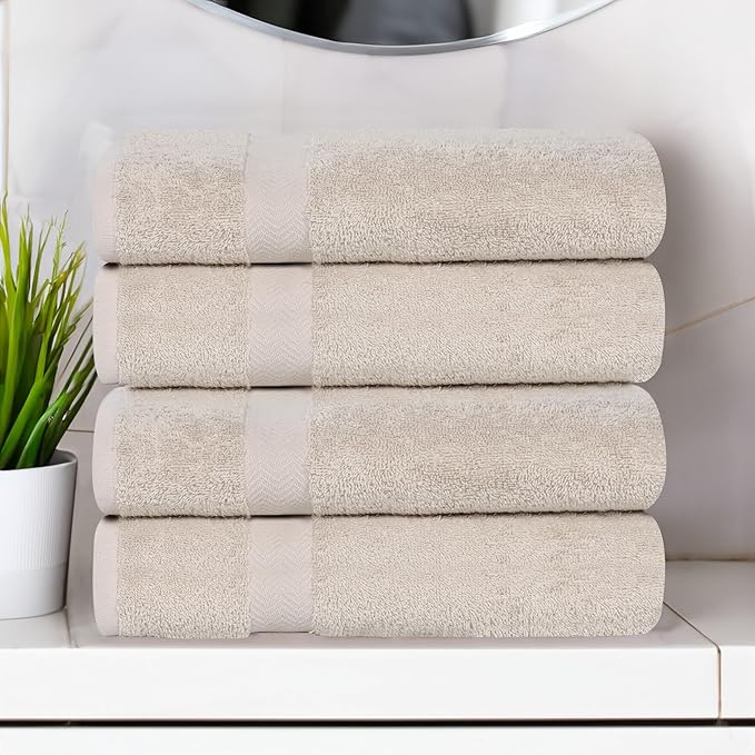 Superior 4-Piece Cotton Bath Towel Set, Towels for Adults, Kids, Fast Drying Body Towels, Shower, Bath, Pool, Guest/Master Bathroom Essentials, Dorm, Home, Apartment, Franklin Collection, Stone