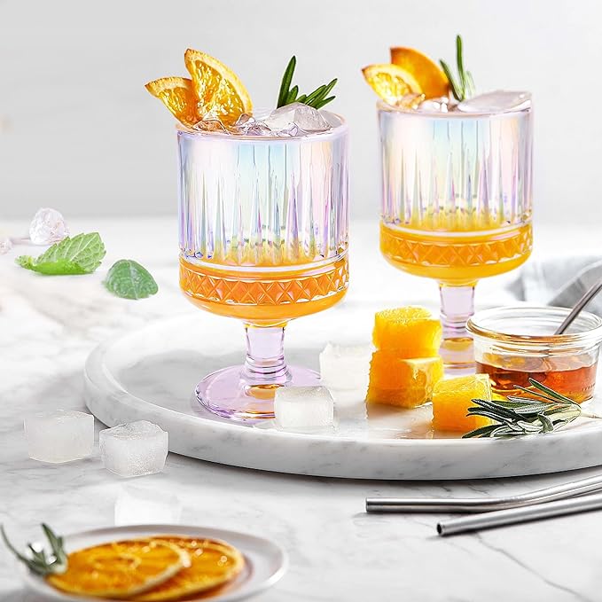 Joeyan Vintage Iridescent Wine Glasses,Embossed Water Goblet Glasses with Diamond Patterns,Rainbow Decorative Striped Stemmed Glass Tumbler Cups,Glassware for Party Wedding Anniversary,7 oz,4 pcs